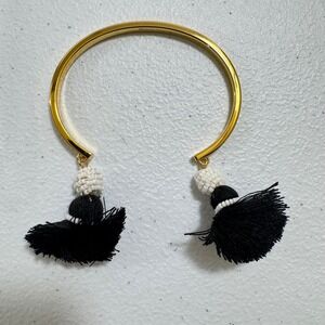 J Crew Favorite Tassel Bracelet Gold Tone Black White Beads Bangle OLDSTOCK RARE